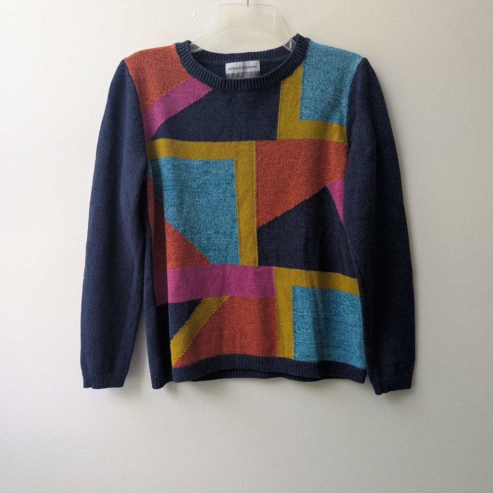 Vtg Sweater Navy Blue Geometric Colorblock Sz PS Mod 80s 90s Retro Bold Bright